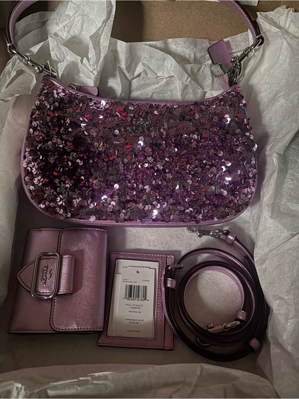 OBO Coach Pink Sequin Shoulder Bag with Metallic Pink Wallet & Card Case
